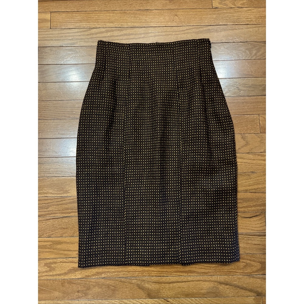 Arthur Chapnik Wool Pencil Skirt Brown Gold Polka Dot Lined Size 6 Vintage